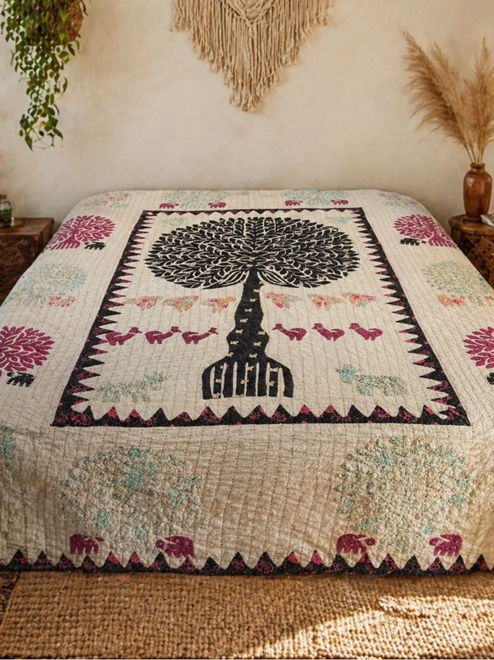 Bohemian Tree of Life Handmade Quilt Cream & Black with Pink Queen